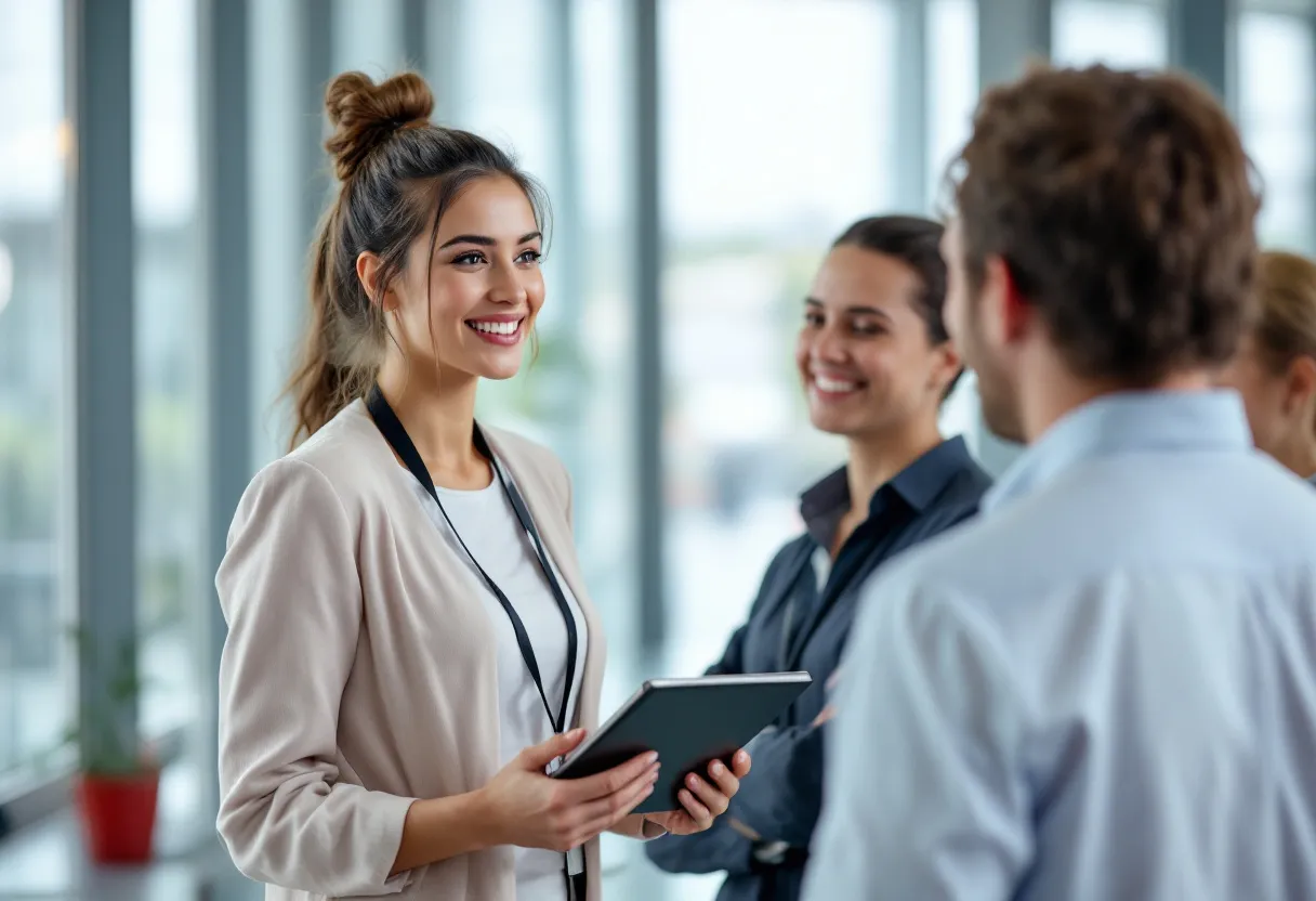 Een jonge hostess in een modern congrescentrum in Vlaanderen, met een lanyard om haar nek en een tablet in de hand, verwelkomt een groep bezoekers bij een evenement met een warme glimlach en een professionele uitstraling.