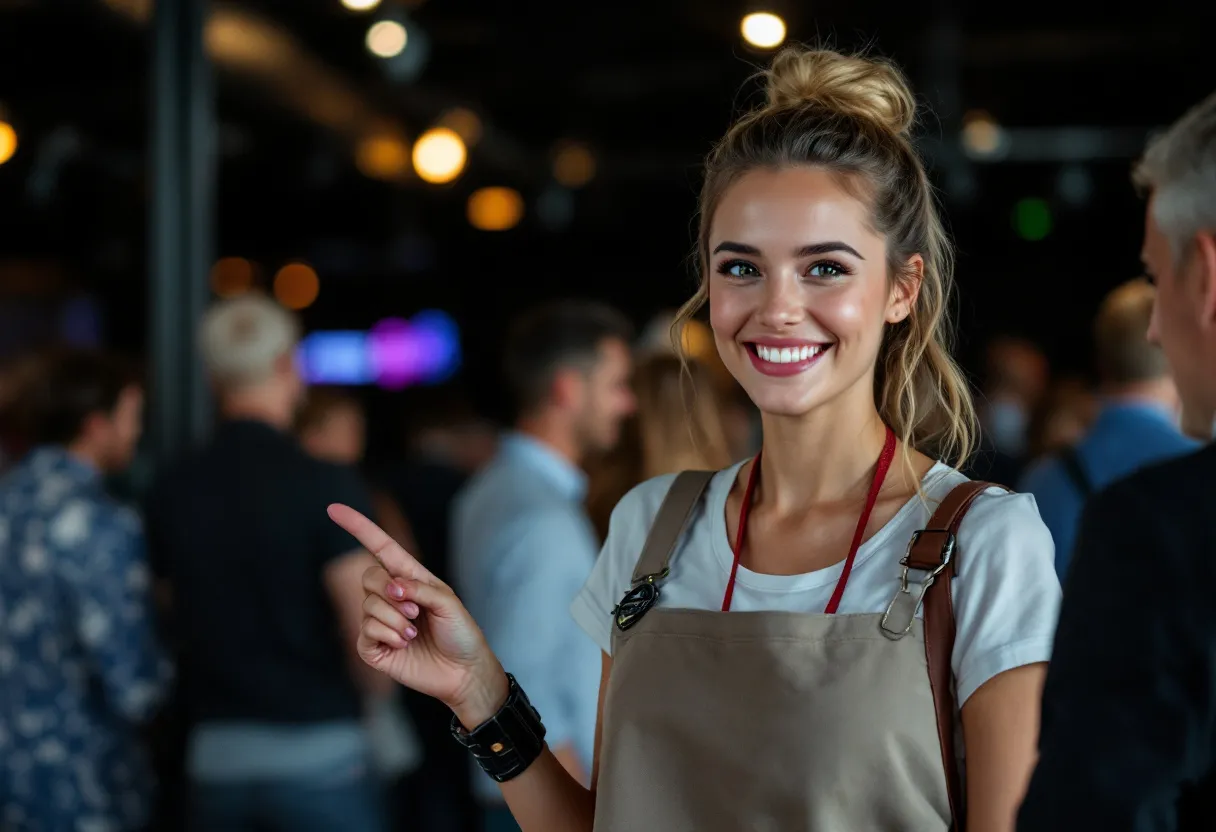 Een enthousiaste jonge hostess met een badge en een glimlach verwelkomt gasten bij de ingang van een stijlvol evenement in een moderne evenementenhal, met mensen op de achtergrond.