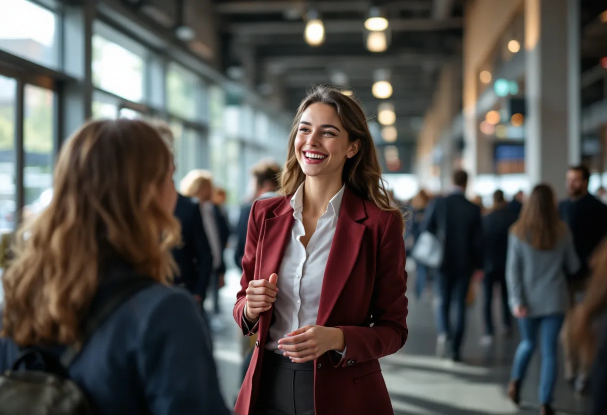 Een enthousiaste jonge vrouw in stijlvolle bedrijfskleding begroet bezoekers met een warme glimlach bij de ingang van een druk beurs- of evenementengebouw in Vlaanderen.