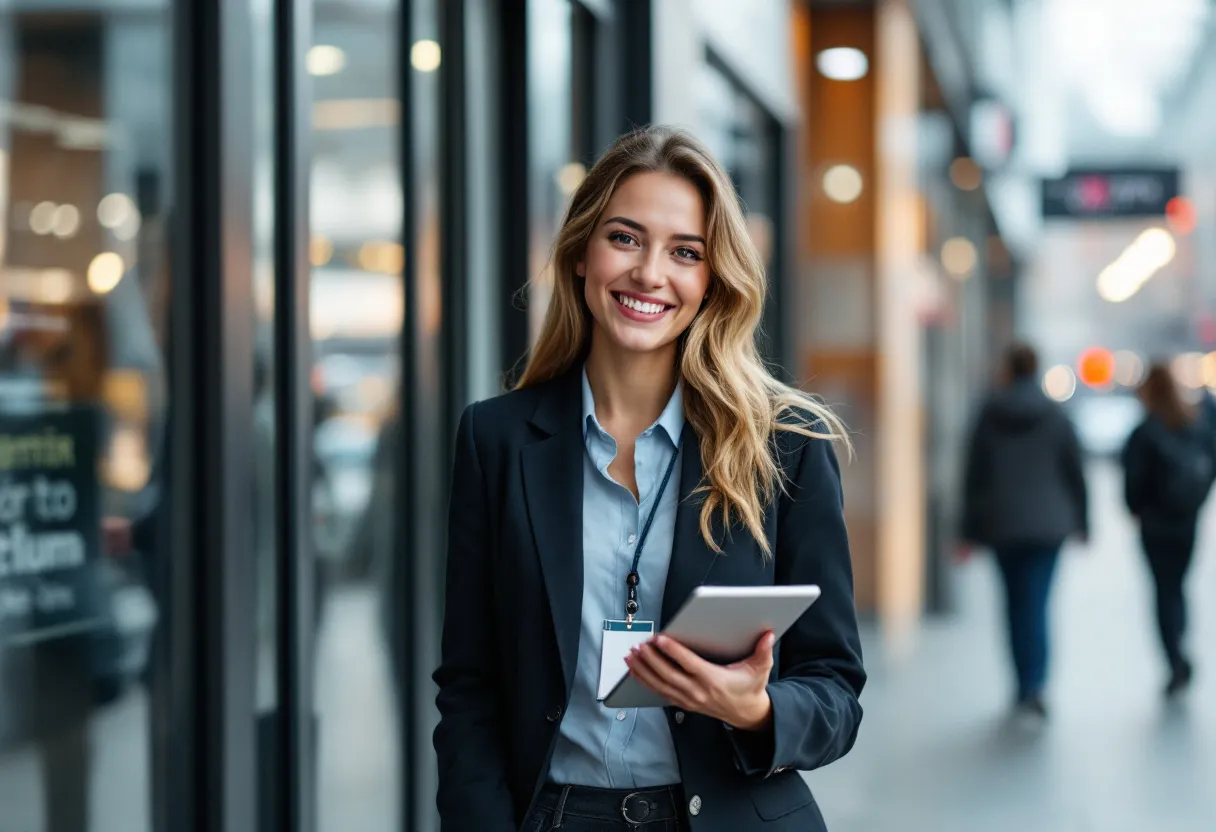 Een lachende jonge vrouw in hostesskleding verwelkomt bezoekers bij de ingang van Kortrijk Xpo, met een badge op haar blazer en een tablet in de hand.