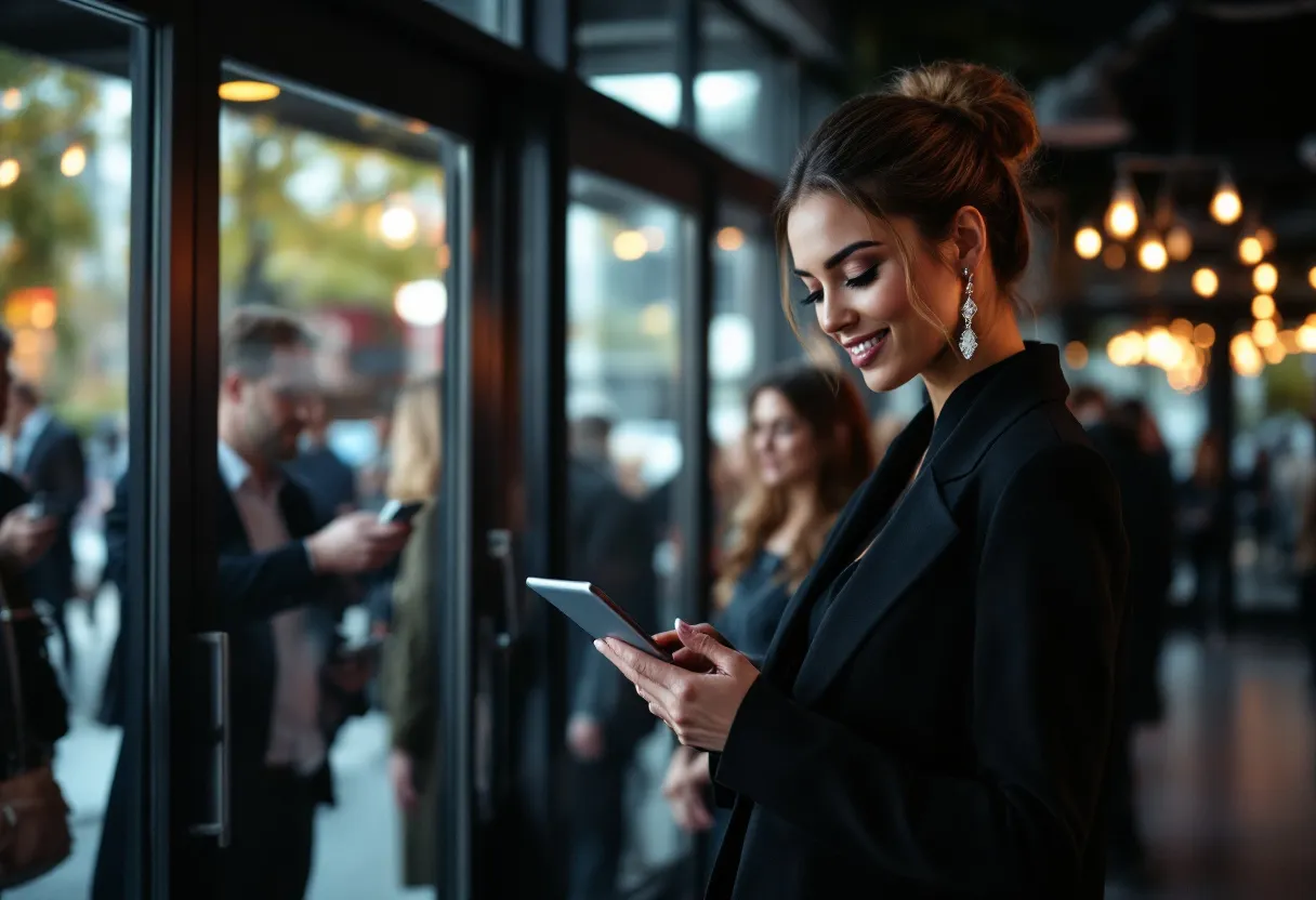 Een jonge vrouw met een stralende glimlach in een stijlvolle zwarte outfit verwelkomt bezoekers bij een evenement in een moderne lichte hal met glazen deuren, terwijl ze een tablet vasthoudt.