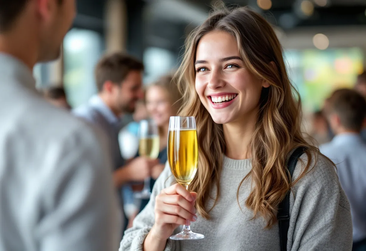 Een jonge studente met een dienblad vol glazen prosecco tijdens een netwerkevent in een moderne evenementenhal, ze lacht vriendelijk naar de gasten.