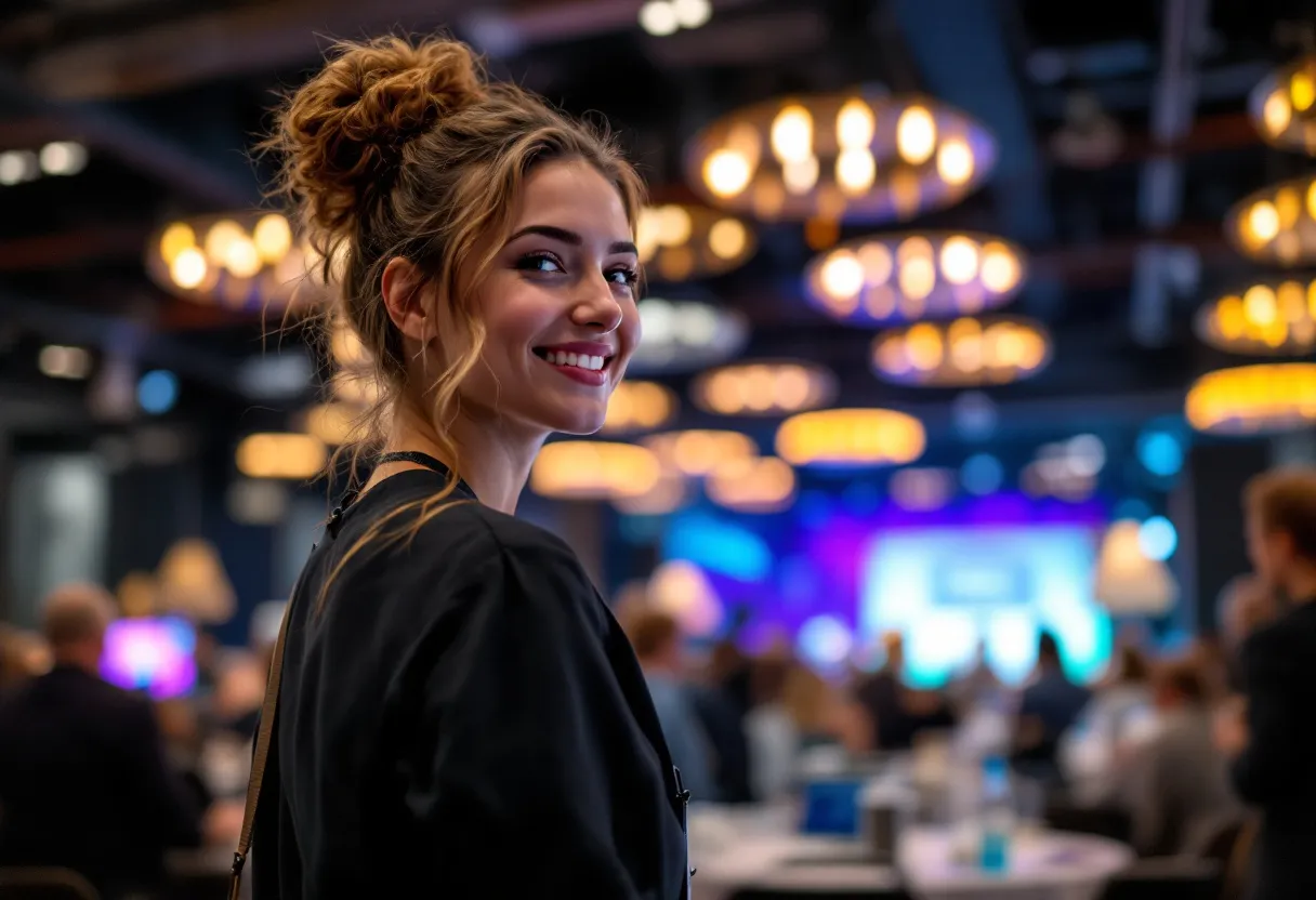 Een jonge studente werkt als hostess op een netwerkevent in Brugge, ze draagt een badge en verwelkomt gasten met een glimlach, op de achtergrond een moderne evenementenlocatie met hoge plafonds.