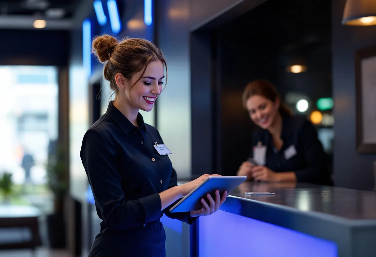 Een jonge vrouwelijke hostess in een stijlvolle zwarte outfit verwelkomt lachend gasten bij een blauw verlichte evenementeningang, met een badge op haar revers en een tablet onder de arm.