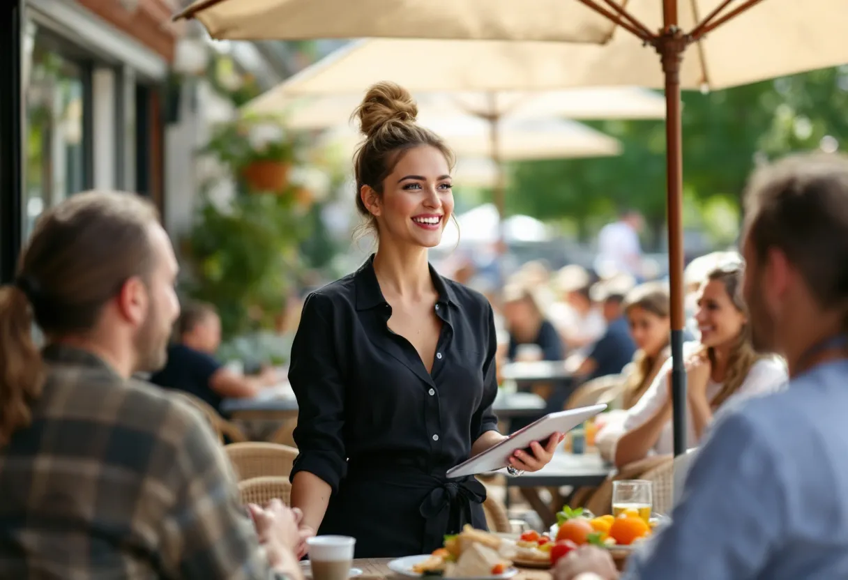 Een enthousiaste hostess in een zwarte outfit deelt samples uit aan voorbijgangers op een zonnig terras in Antwerpen, met een tablet in de hand.