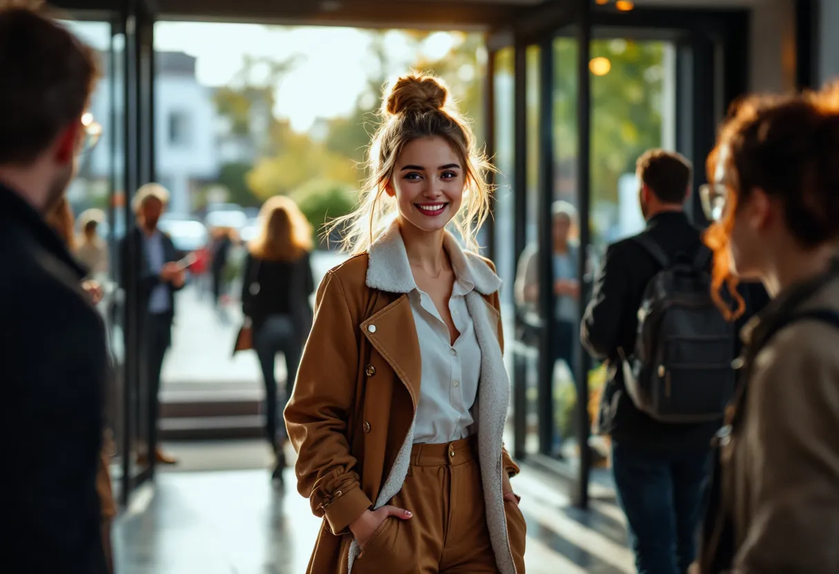Een vrolijke studente in een stijlvolle outfit ontvangt gasten bij de ingang van een evenementenhal in Hasselt met een brede glimlach.