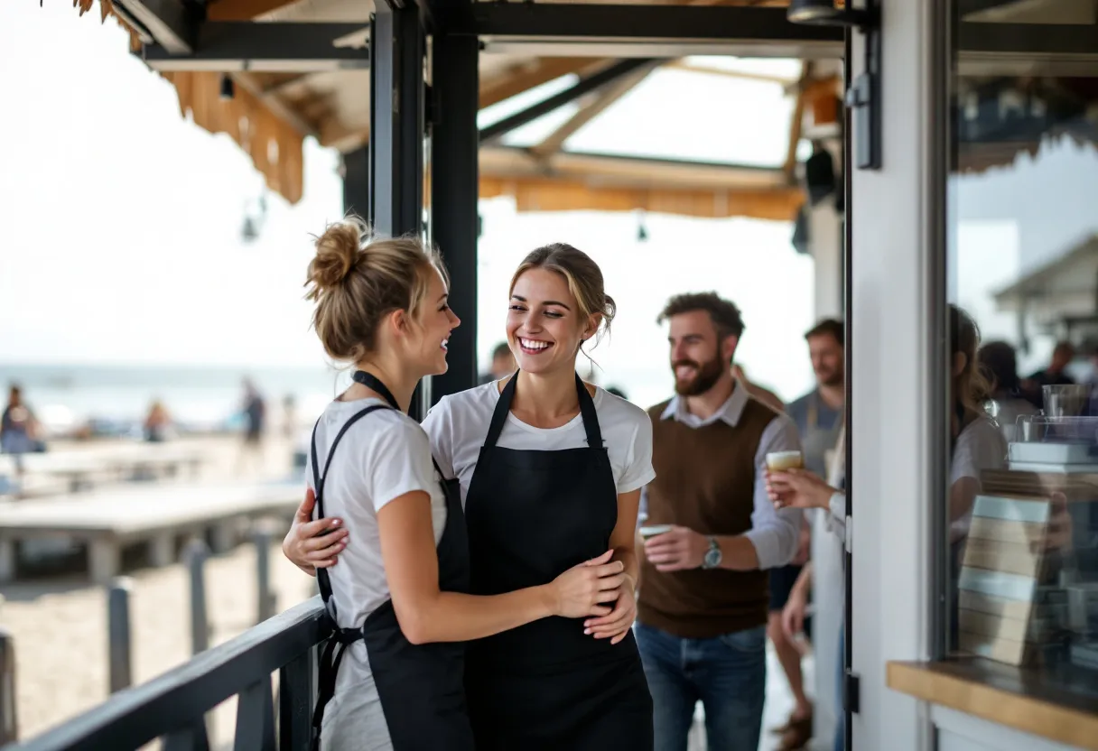 Een jonge vrouwelijke hostess in nette zwarte kledij verwelkomt lachend bezoekers bij de ingang van een strandpaviljoen in Oostende, met op de achtergrond de zee en het zandstrand.