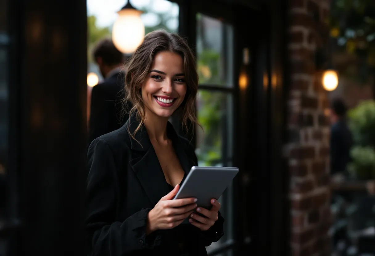 Een lachende jonge vrouw in een stijlvolle donkere outfit staat bij de ingang van een sfeervol verlicht evenement, klaar om gasten te verwelkomen met een tablet in haar hand.