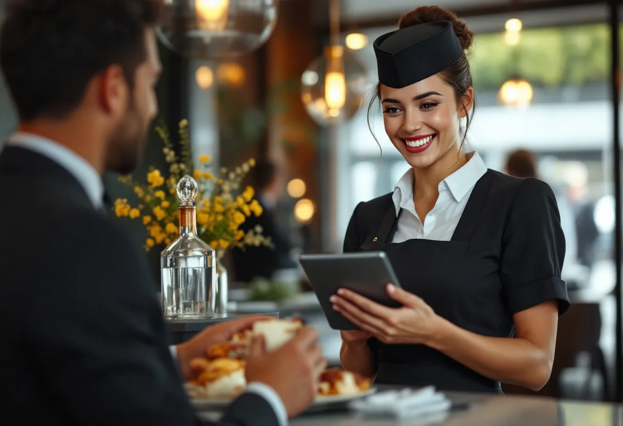 Een jonge, lachende hostess in een zwart-wit uniform begroet gasten bij de ingang van een chique evenementenzaal in het centrum van Antwerpen, terwijl ze een tablet vasthoudt met een digitaal gastenlijst.