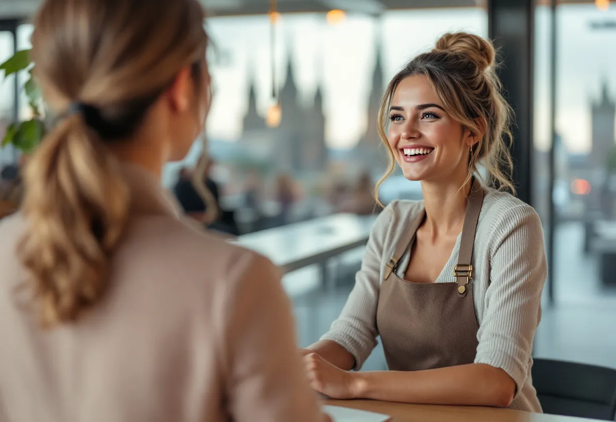 Een lachende jonge vrouw in een stijlvolle hostessoutfit verwelkomt gasten bij een receptie met op de achtergrond de Gentse torens.