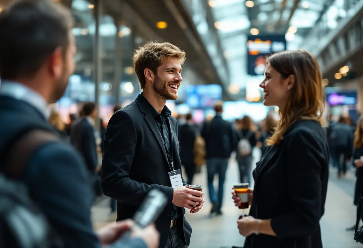 Een enthousiaste studente in een zwarte outfit en badge verwelkomt gasten aan een registratiebalie tijdens een beurs, met zicht op het moderne interieur van een Brussels congresscentrum en een glimlach.