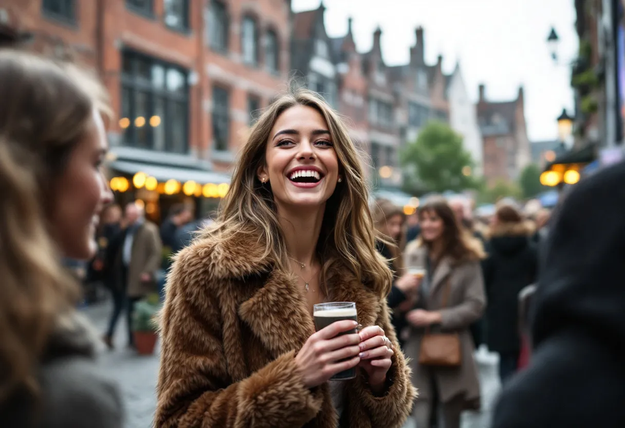 Een enthousiaste jonge vrouw in een stijlvolle outfit begroet bezoekers bij een exclusief evenement in het historische centrum van Brugge, met zicht op een middeleeuws pand en geplaveide straatjes.