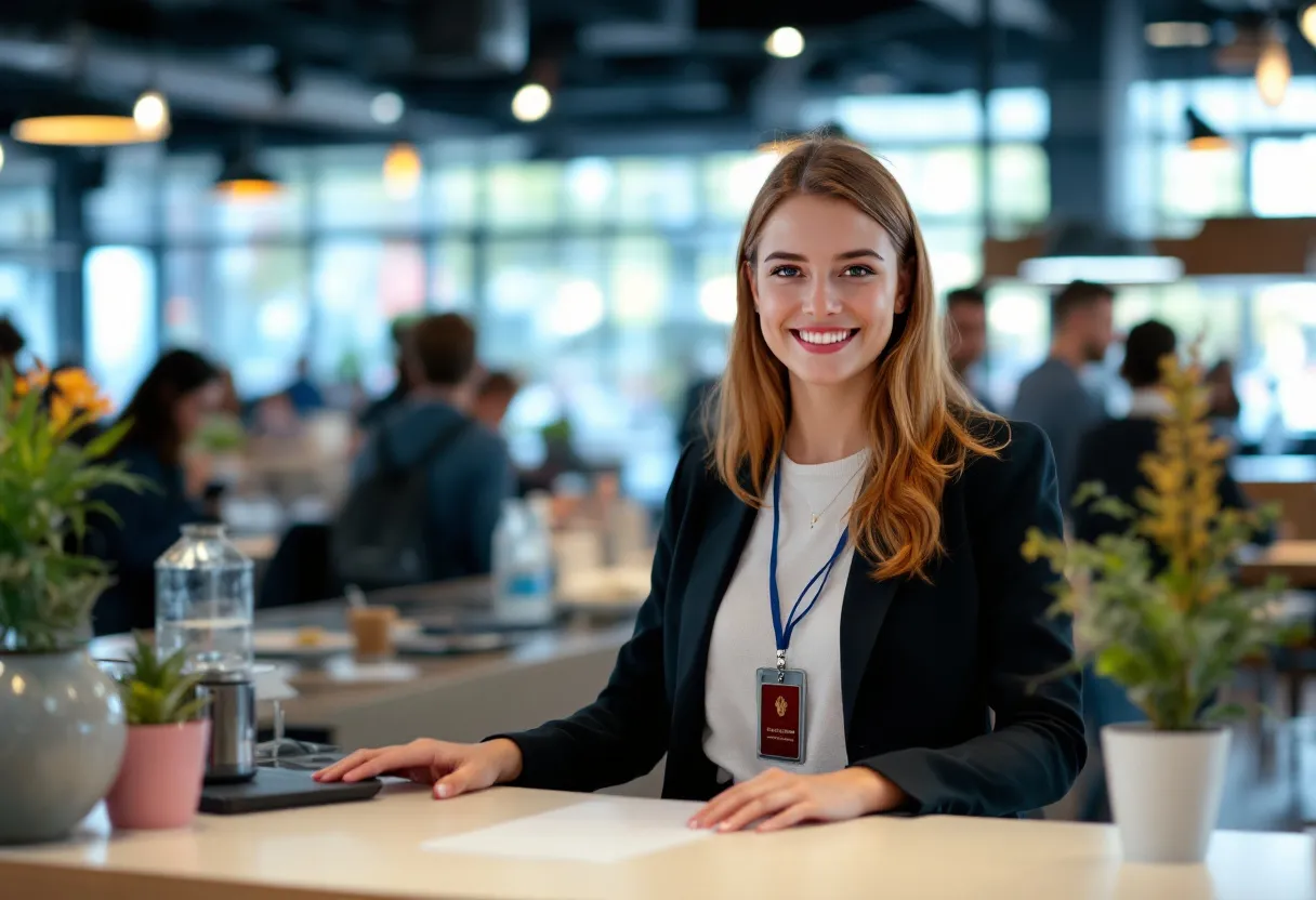 Een enthousiaste studente werkt als hostess aan een receptiebalie in een modern evenementencentrum in Hasselt, met een badge en een glimlach, terwijl bezoekers arriveren.
