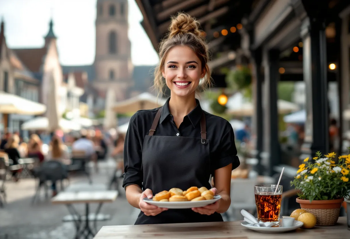 Een enthousiaste jonge vrouw in een zwarte hostessenoutfit heet gasten welkom op een zonnig terras aan de Grote Markt in Mechelen, met de Sint-Romboutstoren op de achtergrond.