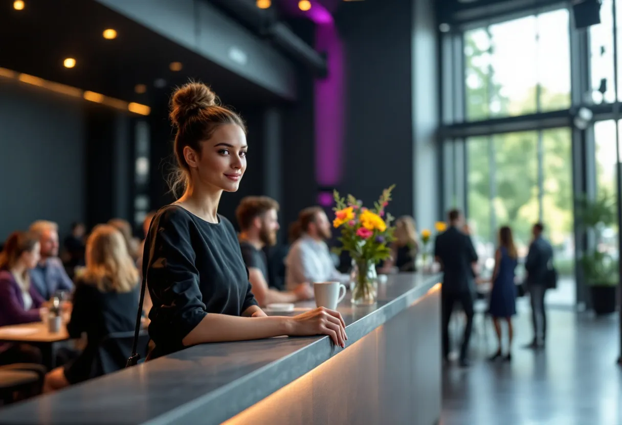 Een glimlachende studente in een stijlvolle zwarte hostessenoutfit staat achter een moderne receptiebalie in een lichte evenementenhal in Hasselt, met op de achtergrond netwerkende gasten en een groot raam dat uitkijkt op het groen van het provinciehuis.