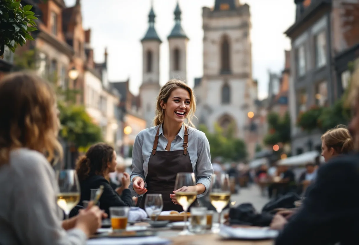 Een enthousiaste hostess verwelkomt gasten op een evenement in het historische centrum van Leuven, met op de achtergrond de Sint-Pieterskerk.